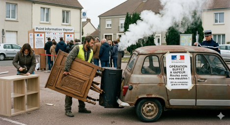 CARBURANT: le Gouvernement autorise les Français à brûler leurs meubles pour rouler à la vapeur